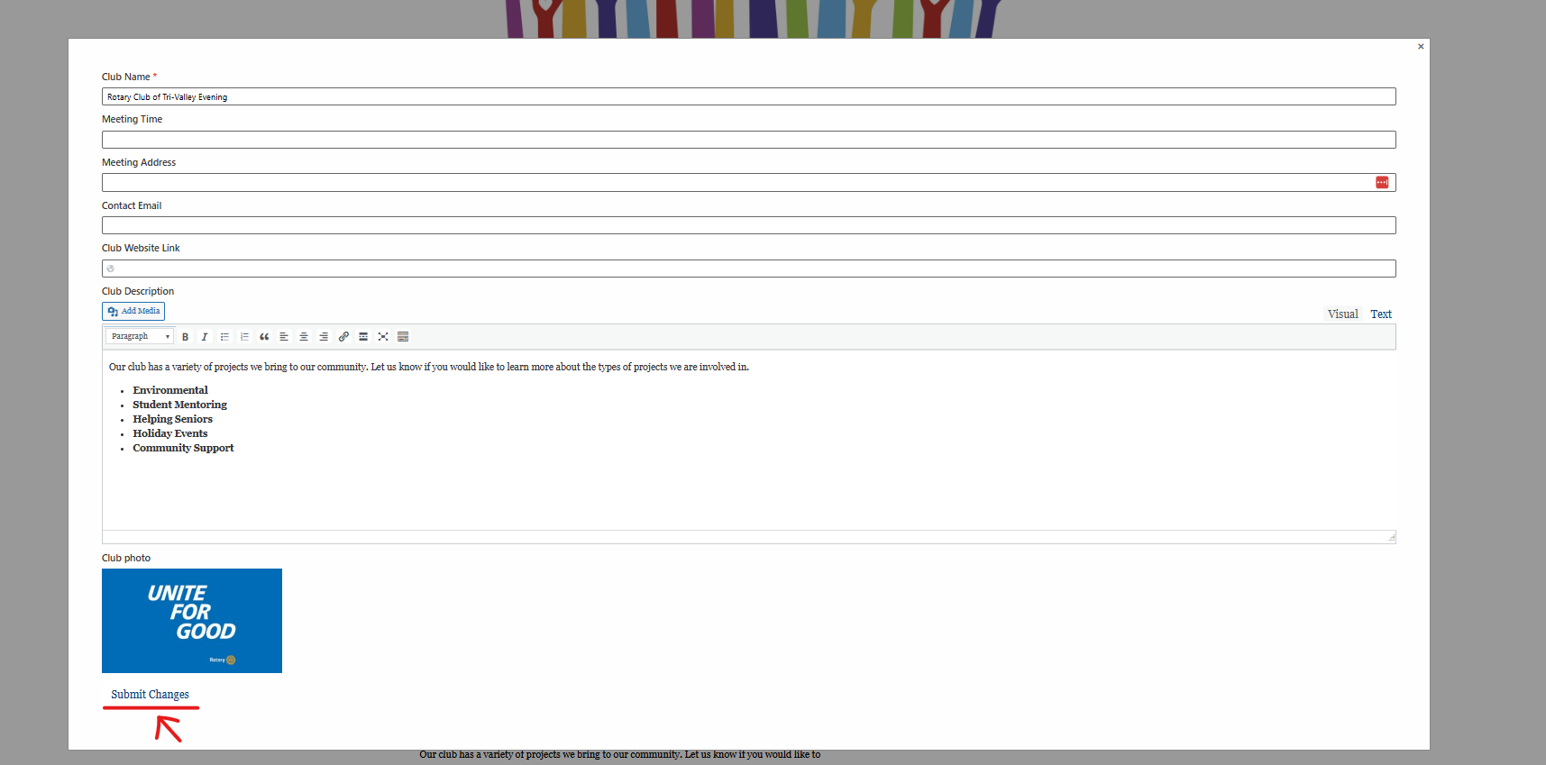 pop window of all club information fields